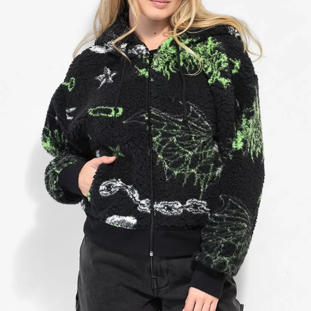 SWIXXZ Women's All Over Print Sherpa Zip Hoodie Size M In Black